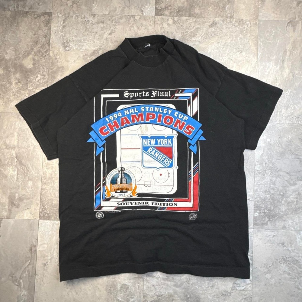 Vintage Black 1994 New York Rangers Stanley Cup Champions Graphic T Shirt Large